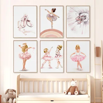 Акварелни балет апартаменти за момичета, crown, Дъгова любов, монтиран на стената художествен плакат в детска и щампи, живопис върху платно, интериор на детска стая