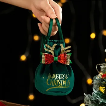 Подаръчен пакет на Дядо Коледа от 2 теми, скъпа опаковка под формата на banta с пайети и оленьими рога, чанта за ябълки, Коледно парти