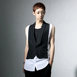 Годишният Корейски модерен стил, персонализирано черно-бяла цветова комбинация, жилетка, мъжки моден костюм, яката, оборудвана тънка жилетка