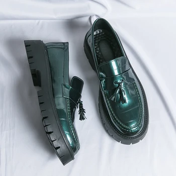 Луксозни маркови мъжки сватбени обувки от висок клас, банкетни официални обувки, мъжки бизнес кожени обувки в зелен цвят, нови мъжки лоферы на дебела подметка