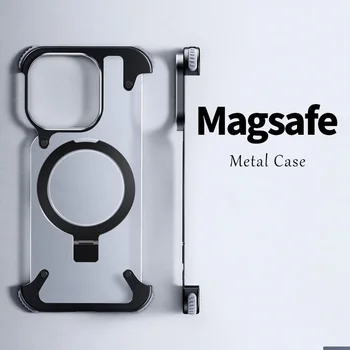 Магнитна поставка от алуминиева сплав Калъф за телефон без рамки за iPhone 13 14 15 Pro Max 15Plus Метален корпус на обектива на Мат делото