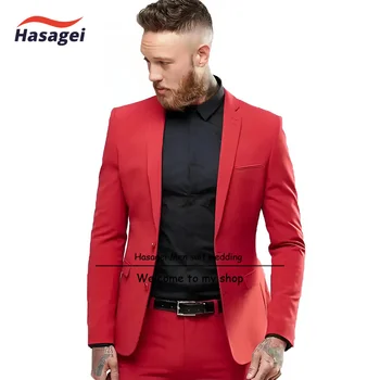 Нов червен мъжки костюм, однобортный, оборудвана, за официален сватбен банкет, изработени по поръчка костюм-двойка (яке + панталон)