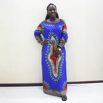 Модно синьо памучно рокля с принтом в африканския стил 2019 година с открити рамене и дълъг ръкав в син цвят