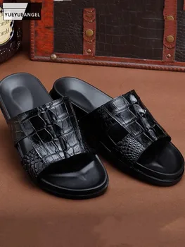 Летни Мъжки черни чехли от естествена кожа, Дишаща Ежедневни обувки на равна платформа с отворени пръсти, дизайнерски чехли за мъже