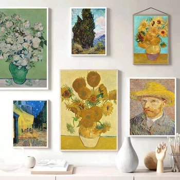 Маслени картини на Ван Гог върху платно, известните произведения на изкуството, Слънчоглед, монтиран на стената принт, Ретро платно, плакати, картини за вашия интериор дневна