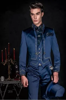 Бродирани Тъмно Сини Мъжки Официални Бизнес Костюми Terno Masculino Костюм Mariage Homme Blazer Jacket + Жилетка + Панталони