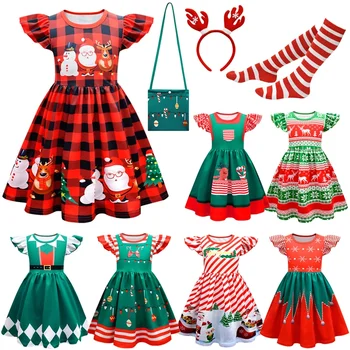 2023, Коледни дрехи за момиченца, Хубава рокля с Коледен Елен от карикатура на Дядо Коледа, Клетчатое дрехи за момичета, рокли на принцеси-чанти от 2 до 12 години