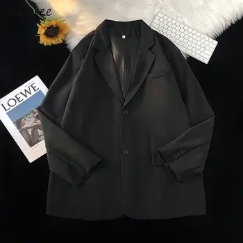 Черни Ежедневни Блейзери, мъжки дрехи Унисекс, с назъбени, Провиснал размер S-3XL, Красива британската Градинска облекло Ins, Изчистен Модерен Дълъг ръкав