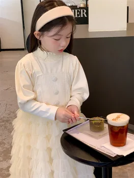 Тениска-майк за момичета в корейски стил, с кръгло деколте и дълги ръкави, есен нова детска однотонная тениска с пухкави ръкави от обикновения памук Tide