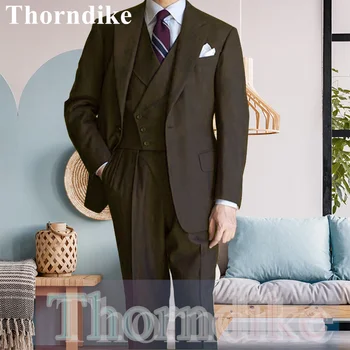 Thorndike 2021 Пролет и есен Нов Модерен Мъжки костюм С ревери на Младоженеца на Сватбен Кафяв костюм За бала Тънък костюм (Яке + Панталон + Елек)