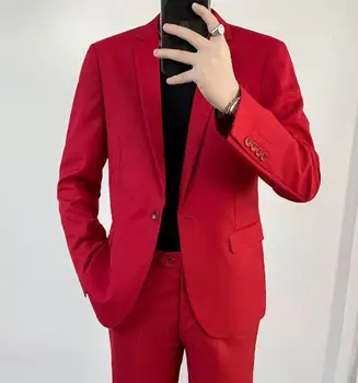 Нов мъжки ежедневни памук яке, червено на цвят, с дълги ръкави, модерен Dreaa, оборудвана костюм на един пуговице32.99