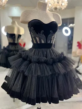 Уважаеми черна вечерна рокля без презрамки, мини-рокля с аппликацией, плиссированное тюлевое бална рокля с помпоном, вечерна рокля за рожден ден