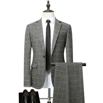 Високо качество (сако + панталон Мъжки британски стил, просто случаен Елегантен бизнес модерен мъжки оборудвана костюм-двойка