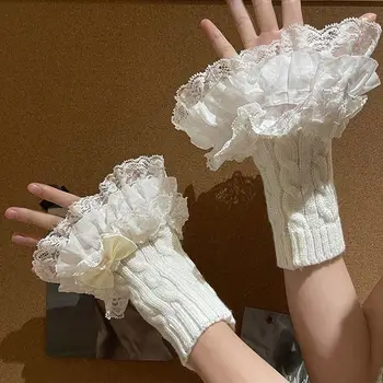 Ръкавици свързани с лък в стил Лолита, зимни топли възли ръкавици за момичета y2k, Корейски сладки къси ръкавици с Подвижни белезници