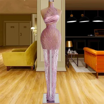 Розови блестящи Секси вечерни рокли Илюзия Русалка Абитуриентски рокли по поръчка Дантелени вечерни рокли с пайети