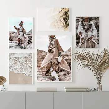 Момиче в стил бохо, морски плаж, живопис върху платно, Скандинавски бежово тръстика, фотография, плакат, цветя, растения, стенни рисунки, интериор на хол
