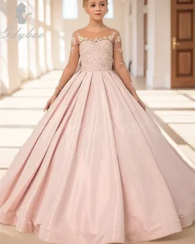 Розови рокли за момичета в цветенце с лък, Дълъг тюл, Златни апликации, Сватбената рокля на принцеса за рождения Ден, Бални рокли за детски представяне