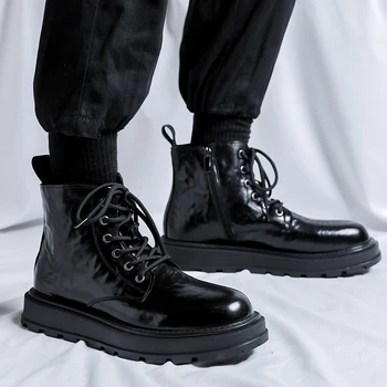 Есенни Висококачествени Маркови Нови бизнес обувки с висок берцем, Модни обувки, Популярни военни обувки, Черни мъжки кожени обувки в британски стил