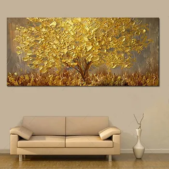 Ръчно Рисувани Голяма Палитра от 3D Нож Златното Дърво Живопис Модерен пейзаж с маслени Бои Върху Платно Стенни Художествена Картина За Хола