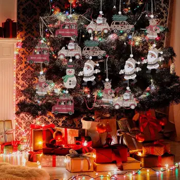 Висулка във формата на колата на Дядо Коледа, леки коледни декорации, Празнични Коледни дървени висулки във формата на снежинки, Очарователен издълбани Дядо Коледа за дома