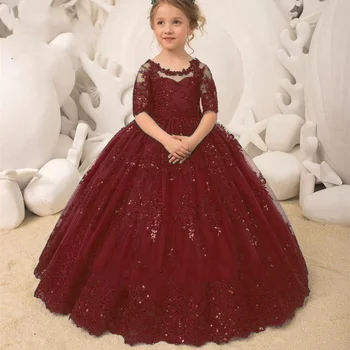Рокля с цветя модел за момичета, тюлевое дантелено рокля с дълъг ръкав и лък, на колана с пайети, детска рокля за сватба, рожден Ден, първото причастие