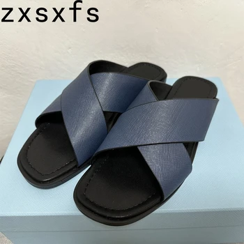 Качествени дънкови чехли с отворени пръсти за почивка на равна подметка, без съединителни Сандали от естествена кожа с Модерна плажна обувки за мъже