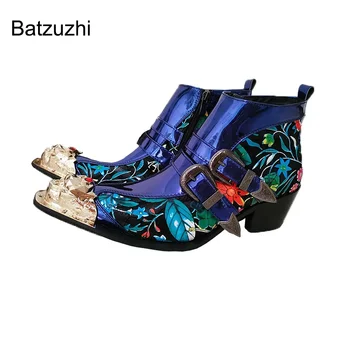 Batzuzhi/ Луксозни Мъжки обувки, Ръчно изработени Със Златно Метално бомбе, Сини Кожени Ботильоны, Мъжки обувки джоб с катарами За рок партита и сватби
