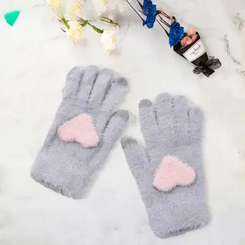 Топли ръкавици от полиестер, дамски зимни ръкавици модел във формата на сърце, възли ръкавици без пръсти със сензорен екран върху целия пръст, нескользящие Модни топло