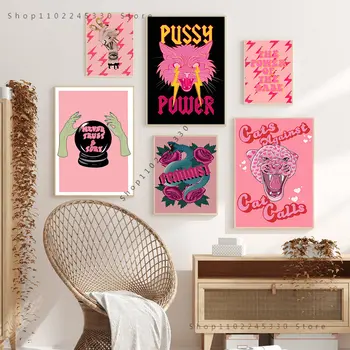 Стенно Изкуство Платно Живопис Феминистка Розовата Мода Момиче Power Отпечатва Плакат, Подарък За Момичета И Модерни Картини За Всекидневна Декор Спални