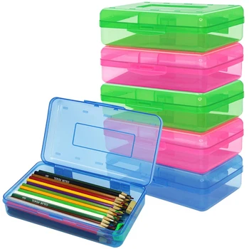 6 Опаковки пластмасови пеналов различни цветове молив случай за моливи с голям капацитет, прозрачен молив случай с защелкивающейся капак