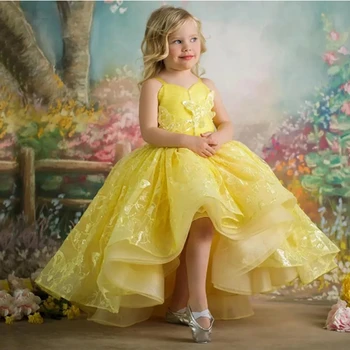 Жълто пушистое рокля на цветчета за момичетата, лейси сватбена апликация във формата на пеперуда, уважаеми бална рокля за първо причастие малки деца