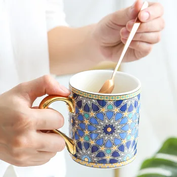 Кафеена чаша винтажной текстура със златна дръжка, керамична чаша за чай и вода в марокански стил, за майки, жени, майки, момичета, Сватбен подарък WJ826