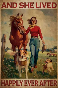Метална лидице Ретро табела - Реколта Момиче с Кон и на Кучета, Метален плакат, Тя е живяла дълго и щастливо, Метален Плакат, Реколта