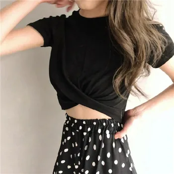 Лятна Корея модни Дамски тениска Y2K, плиссированный съкратен топ за нощен клуб, Японската Свободна однотонная тениска, дамски дрехи за жени