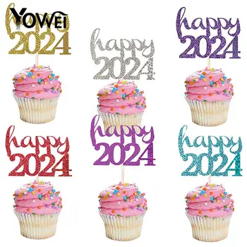 10шт 2024 Topper за торта, Нова година 2024, клечка за Зъби, Коледна декорация за торта, Аксесоари за декорация на партита, Топперы за торта 