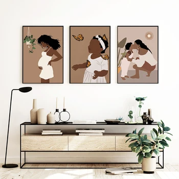 Абстрактен принт на Майката и сина, плакат на Черна африканки, Бременна, бохо, монтиране на изкуството, платно, картина, Украса на детски за деца