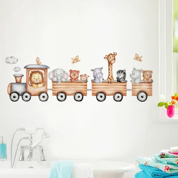 Сладки животни Cartoony влак Подвижни стикери за стена за детска стая-Детска спалня Екологичен интериор и Артистични стенописи етикети