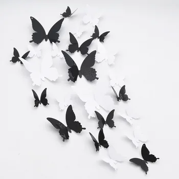 12 бр./компл. PVC Черно-бели етикети с пеперуди на стената Празнични украси Прозореца Сватбен декор Висящи етикети за хладилник със собствените си ръце