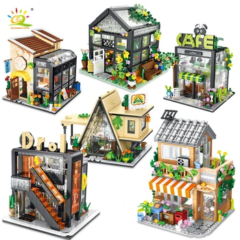 Серия HUIQIBAO City Street View Coffee Flower Shop House MOC Model Building Block Set Креативен Магазин Тухли Boy Toys Kid