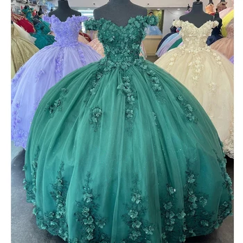 Луксозни изумрудено-зелени лъскави буйни рокли Vestidos De 15 Anos с 3D цветен аппликацией, вечерни рокли рожден ден и на бала бал