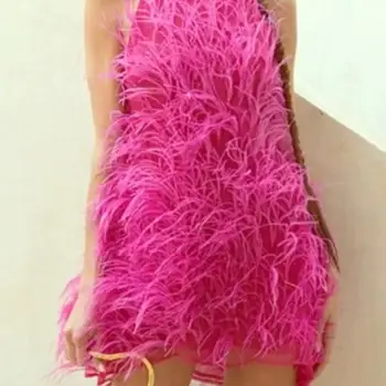 Дамско луксозно ново модно рокля от 100% естествени пера, секси рокля с свисающим деколте от страусиных пера