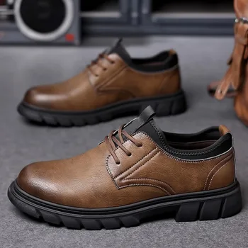 Модела обувки Мъжки Есенен тренд, Нов бизнес и Ежедневни кожени обувки, Мъжка работна обувки на дебела подметка, чрез шнурове Sapato Social Masculino