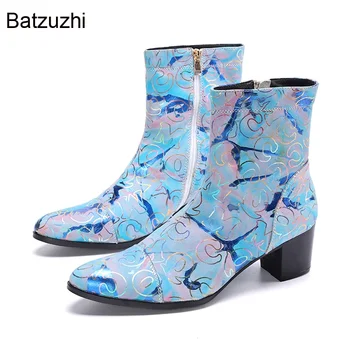 Мъжки ботильоны Batzuzhi Rock Personality от естествена кожа за партита и сватби Botas Hombre на висок ток 7,5 см, Сини мъжки обувки