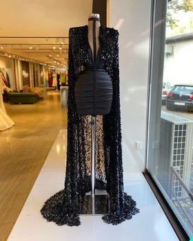 Блестящи черни коктейлни рокли с пайети, дълги ръкави, дълбоко V-образно деколте, мини-рокля с дължина над коляното, клубна облекло