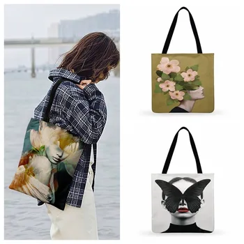 Чанта-тоут с цветен портрет и артистични принтом Дамски ежедневни чанти-тоут Женствена чанта през рамо Сгъваема чанта за пазаруване Улични плажни чанти