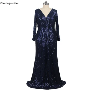 Feelingarden Реална снимка-Секси вечерна рокля в тъмно синьо с пайети, плюс Размер, вечерна рокля с дълги ръкави във формата на русалки DX240