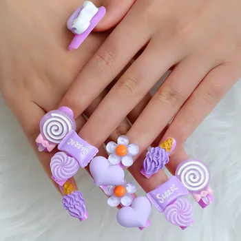3D режийни нокти за жени и момичета, светло лилаво, сладолед, бонбони, цветя, скъпоценни камъни във формата на сърца, дълги френски върховете във формата на ковчег, надеваемые на въздушната ноктите