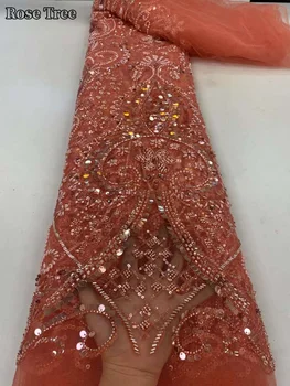 5 ярда луксозен плат с 3D-мъниста 2024 г., тъкан с тежка бродерии, пайети, модерен френски тюлевой вкара завързана кърпа за сватба