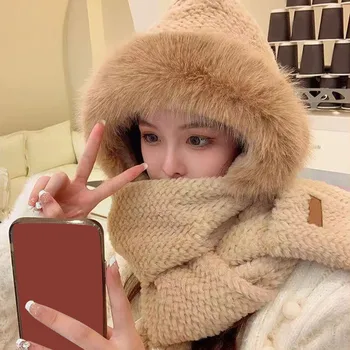 Вязаная кадифе капачка, женски зимата на Топло и студено шал с качулка, ръкавици, комплекти за 3-В-1, дамски Корейската мода защита на уши, топла памучен шапчица