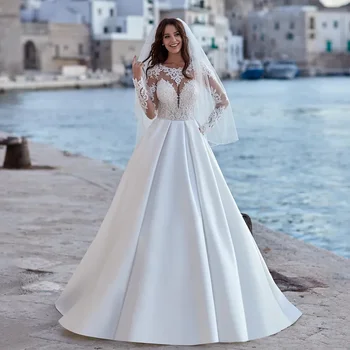 Луксозна сватбена рокля с мъниста, Илюзия, апликация с дълъг ръкав на сватбена рокля трапецовидна форма, сватбената рокля Mariage Vestidos de новия